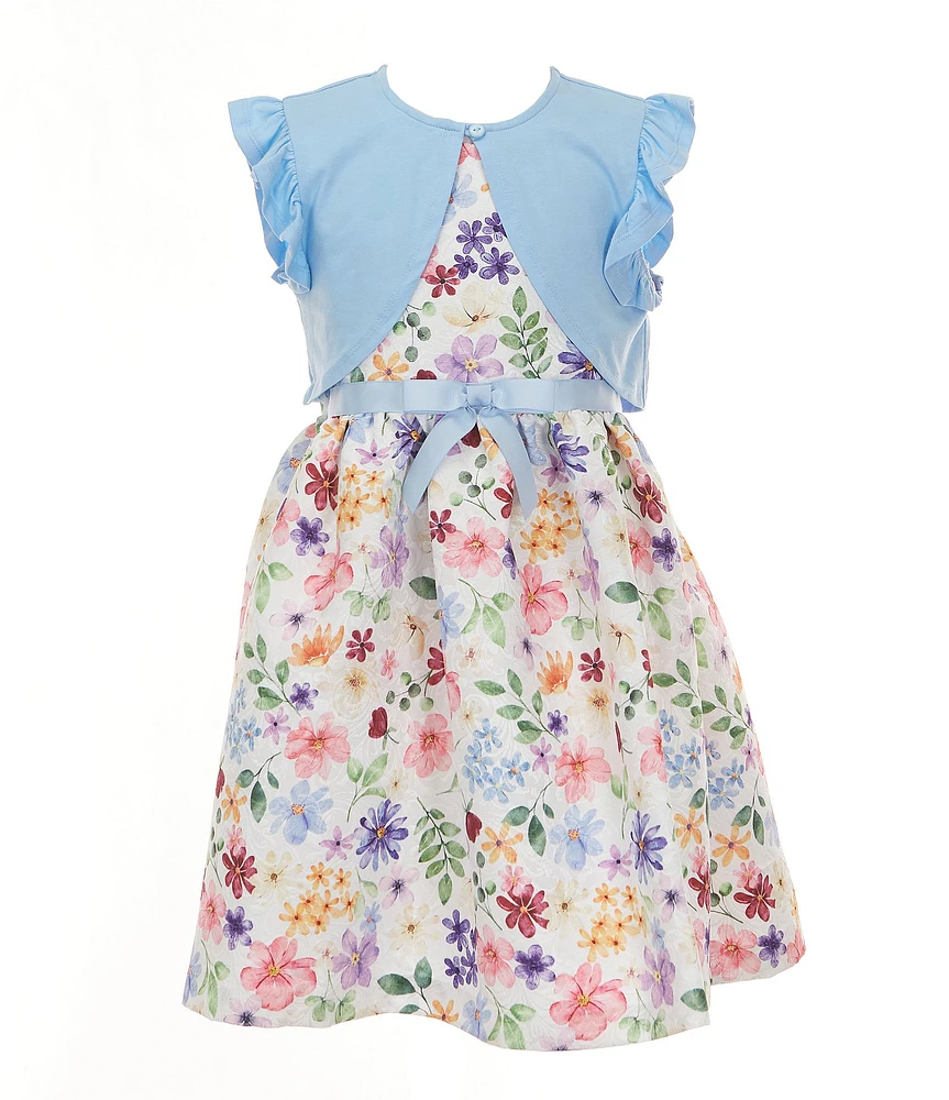Bonnie Jean Little Girls Flutter-Sleeve Solid Flyaway Cardigan & Sleeveless Floral-Printed Fit-And-Flare Dress Set