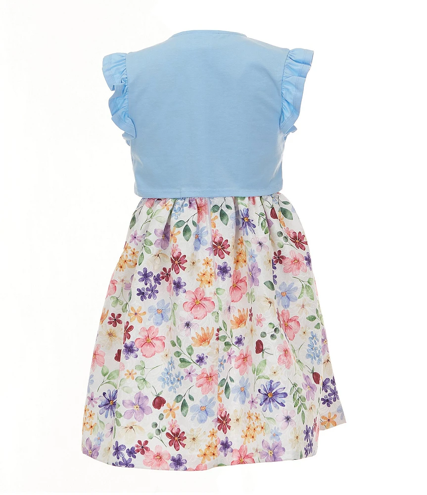 Bonnie Jean Little Girls Flutter-Sleeve Solid Flyaway Cardigan & Sleeveless Floral-Printed Fit-And-Flare Dress Set