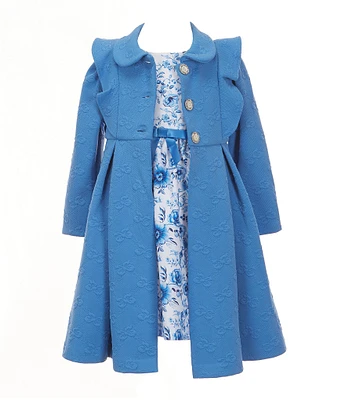 Bonnie Jean Little Girls Long Sleeve Jacquard-Knit Ruffled Coat & Sleeveless Floral Shantung Fit & Flare Dress Set