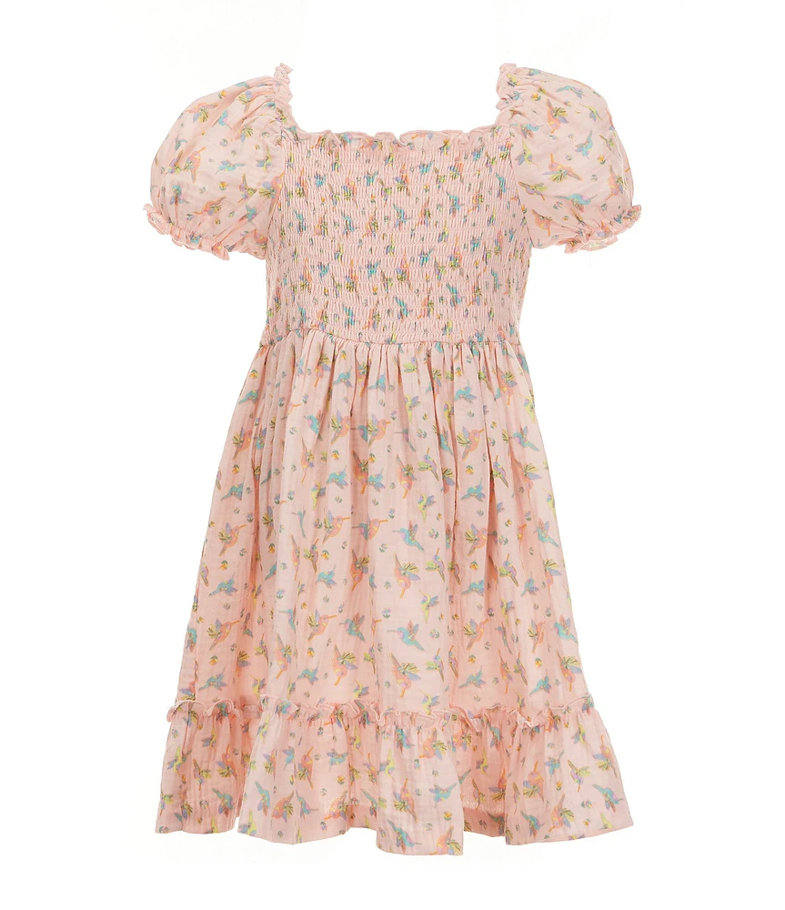 Bonnie Jean Little Girls Puffed-Sleeve Hummingbird Printed A-Line Dress