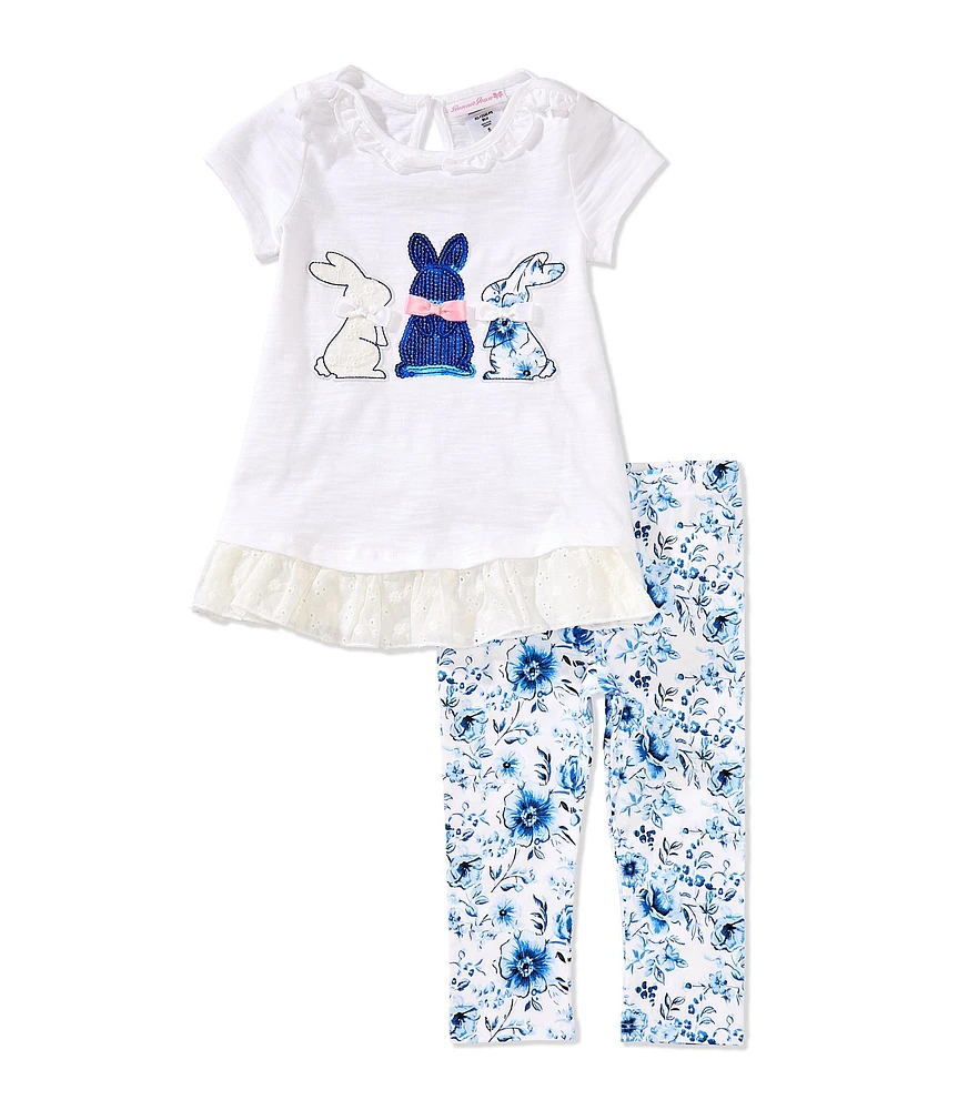 Bonnie Jean Little Girls Short Sleeve Bunny-Appliqued T-Shirt & Floral-Printed Capri Leggings Set