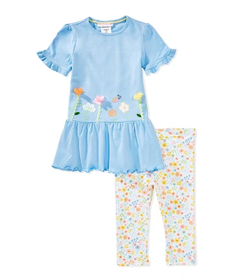 Bonnie Jean Little Girls Short-Sleeve Floral-Appliqued Tunic Top & Floral-Printed Capri Leggings Set