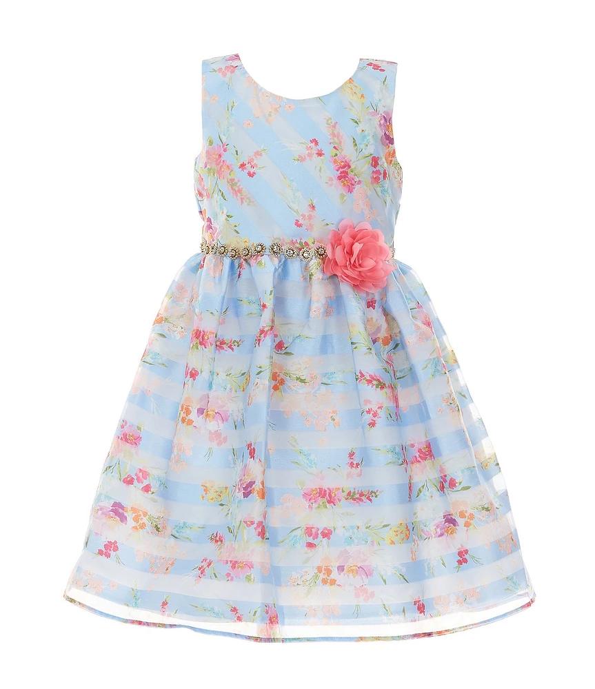 Bonnie Jean Little Girls Sleeveless Shadow-Stripe/Floral-Printed Fit & Flare Dress