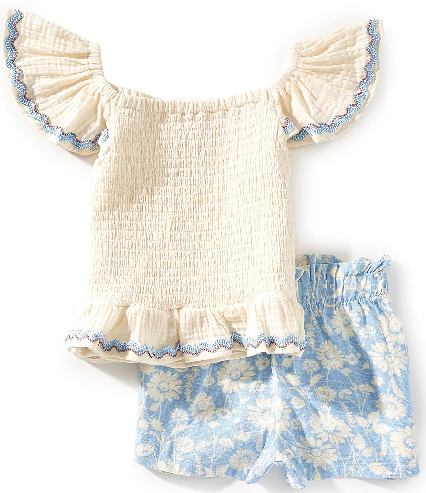 Bonnie Jean Little Girls Smocked Gauze Top & Floral Print Linen Shorts Set