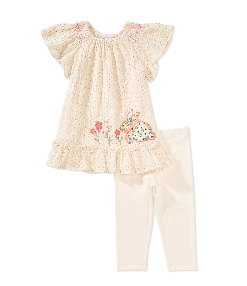 Bonnie Jean Little Girls Smocked-Sleeve Bunny-Appliqued Gauze Fit-And-Flare Dress & Coordinating Knit Capri Leggings Set