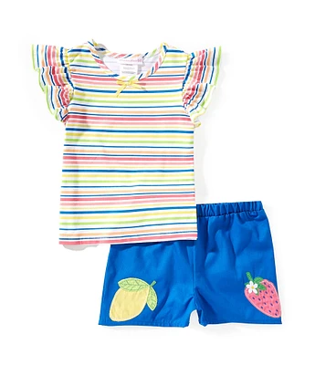 Bonnie Jean Little Girls Striped Flutter Sleeve Top & Lemon Strawberry Applique Shorts Set