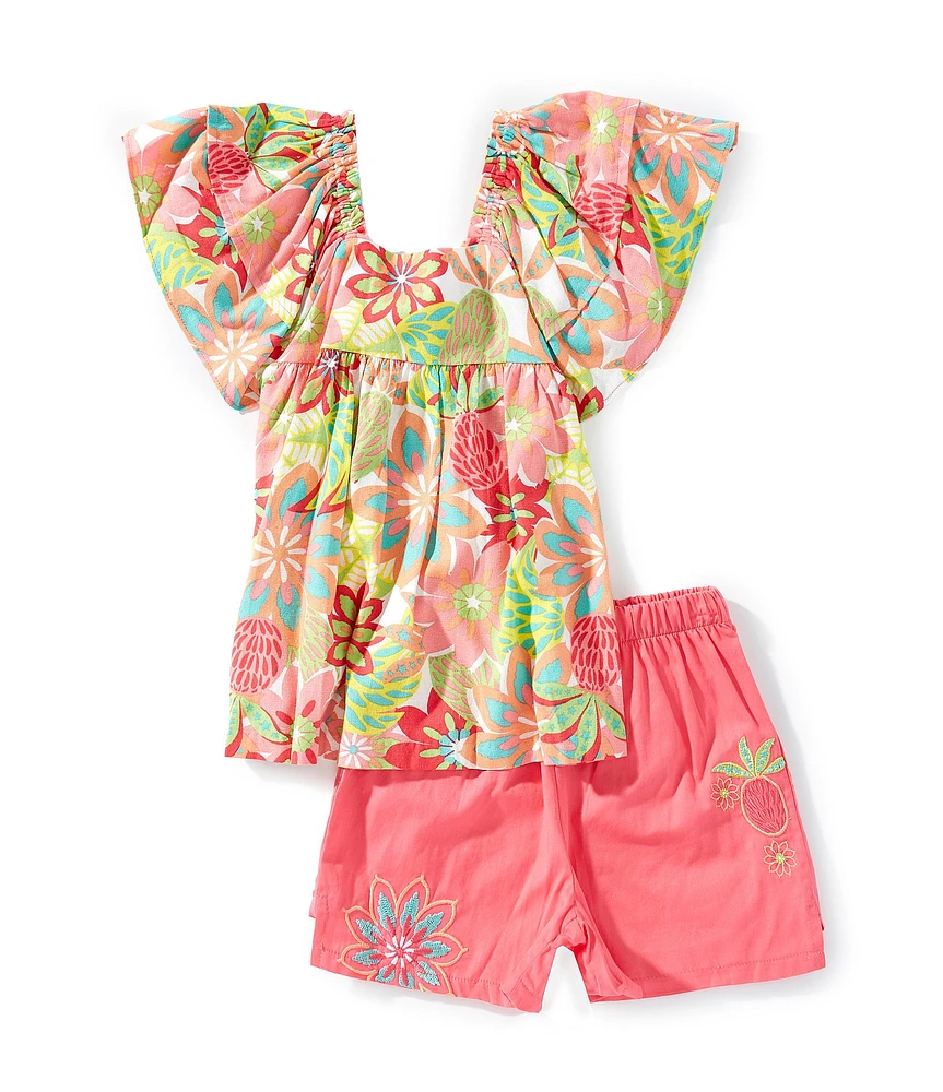 Bonnie Jean Little Girls Tropical Floral Woven Top & Pineapple Twill Short Set