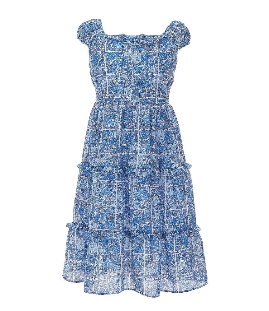 Bonnie Jean Little Girls Short Sleeve Floral-Grid-Printed Tiered Crepe Long Dress