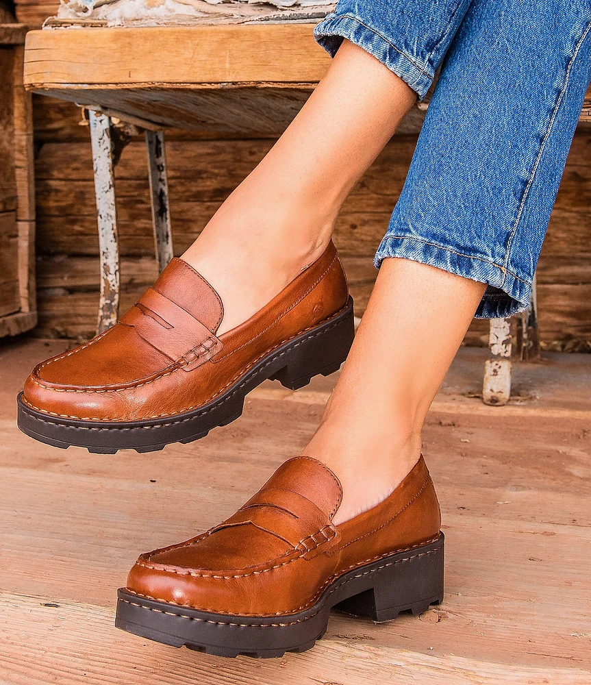 Born Carrera Leather Lug Sole Platform Penny Loafers