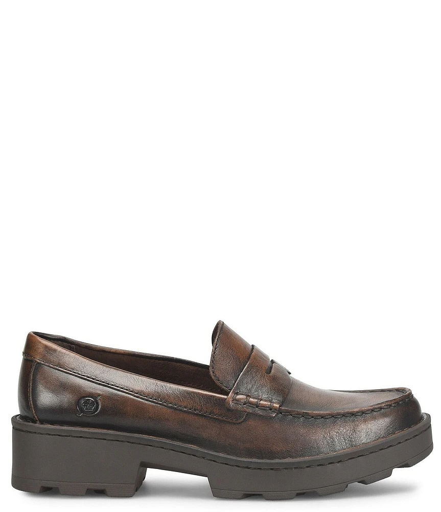 Born Carrera Leather Lug Sole Platform Penny Loafers