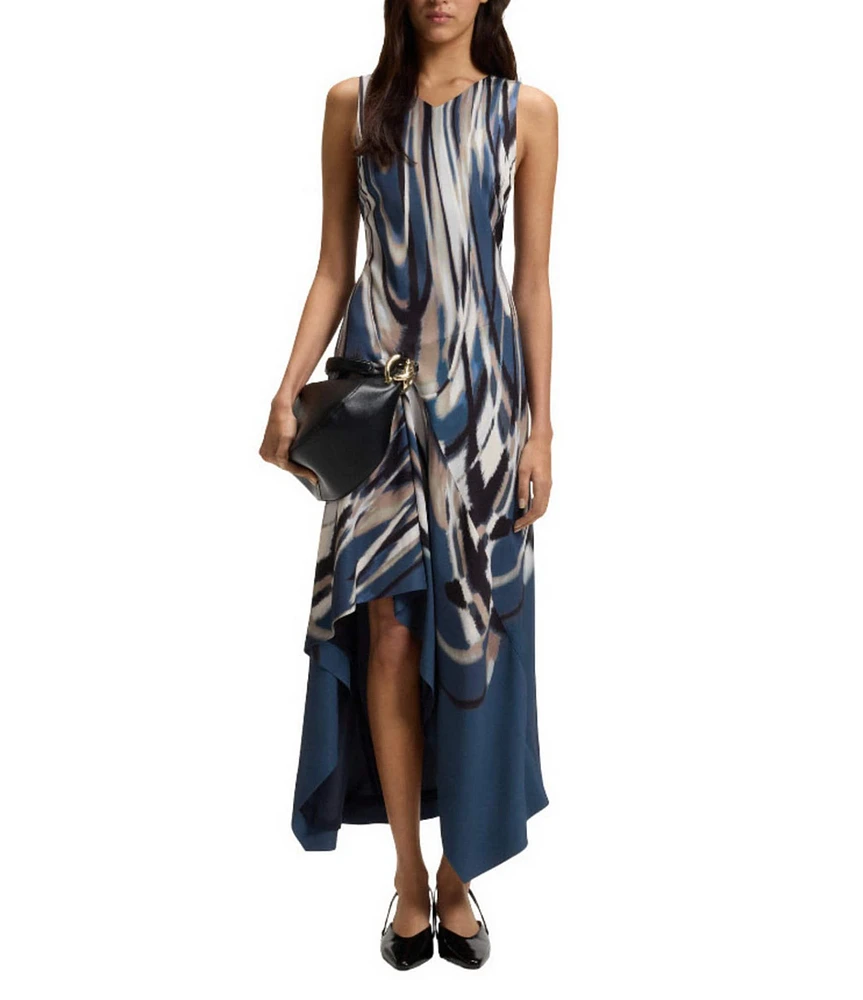 BOSS By Hugo Boss Donaria Printed Twill V-Neck Sleeveless High-Low Maxi Dress