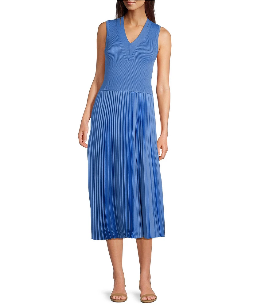 BOSS By Hugo Boss Farara Knit Woven V-Neck Cutout Neckline Sleeveless Midi Dress