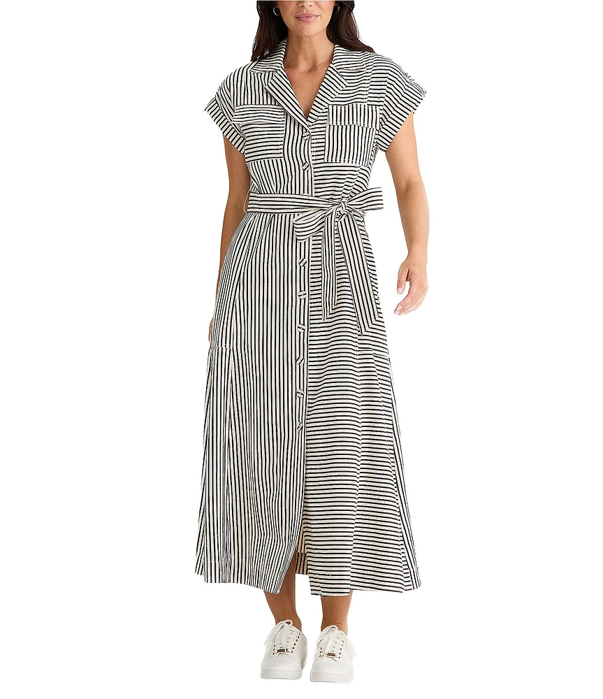Brave + True Portia Short Cuffed Sleeve Striped Collared Button Front A-Line Midi Dress