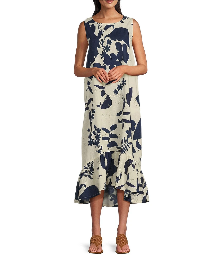 Bryn Walker Angelina Foglie Print Round Neck Sleeveless High-Low Ruffle Midi Dress