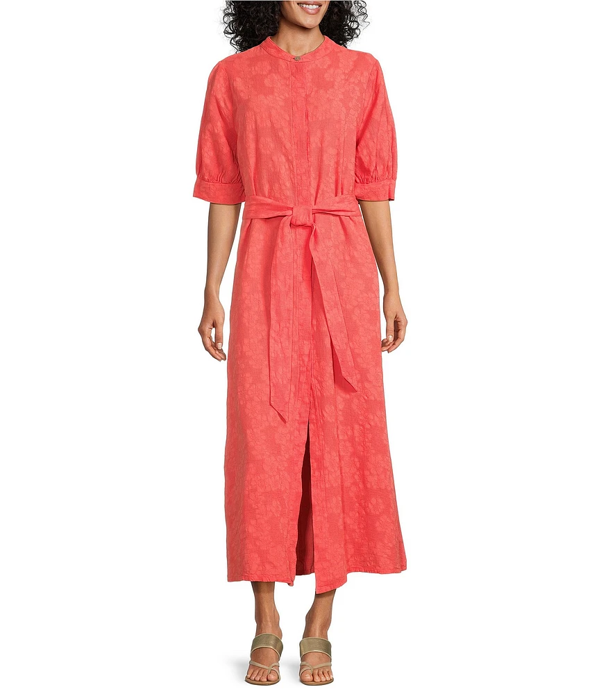 Bryn Walker Augustina Floral Cotton Jacquard Banded Collar Elbow Sleeve Button Front Maxi Dress