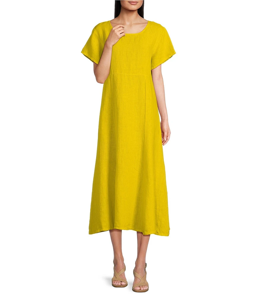 Bryn Walker Britta Light Linen Scoop Neck Short Sleeve A-line Midi Dress