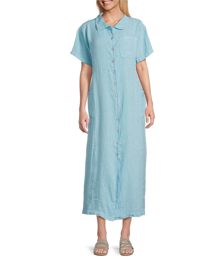 Bryn Walker Emmaline Light Linen Collar Neck Short Sleeve Button Front Midi Dress