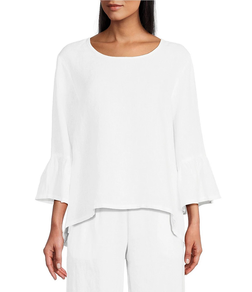 Bryn Walker Fran Basic Light Linen Round Neck Ruffle 3/4 Bell Sleeve High-Low Coordinating Shirt