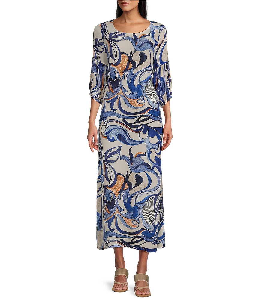Bryn Walker Lanterna Printed Round Neck 3/4 Sleeve Lantern Maxi Dress