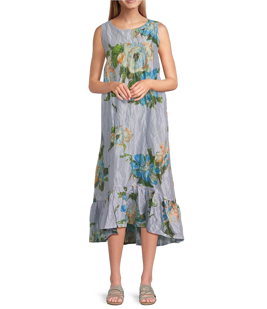 Bryn Walker Memory Crunch Taffeta Angelina Printed Round Neck Sleeveless Hi-Low Hem Midi Dress