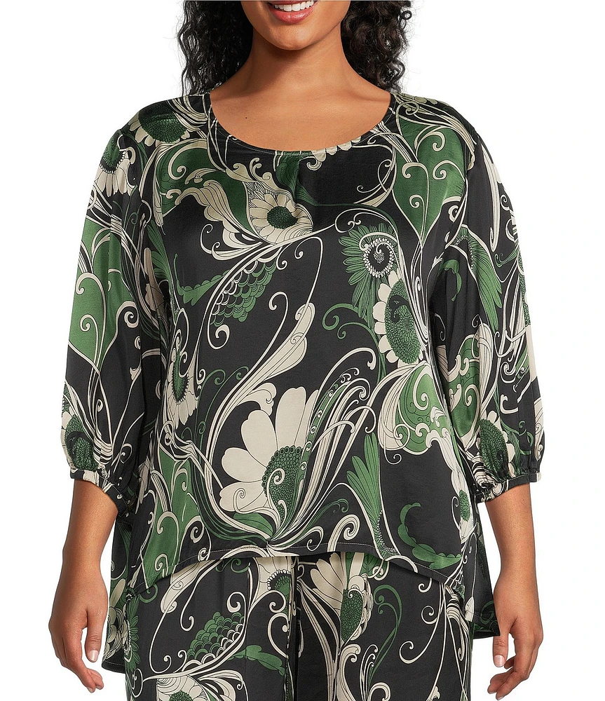 Bryn Walker Plus Size Coordinating Lucinda Giardino Viscose Satin Round Neck 3/4 Sleeve Shirt