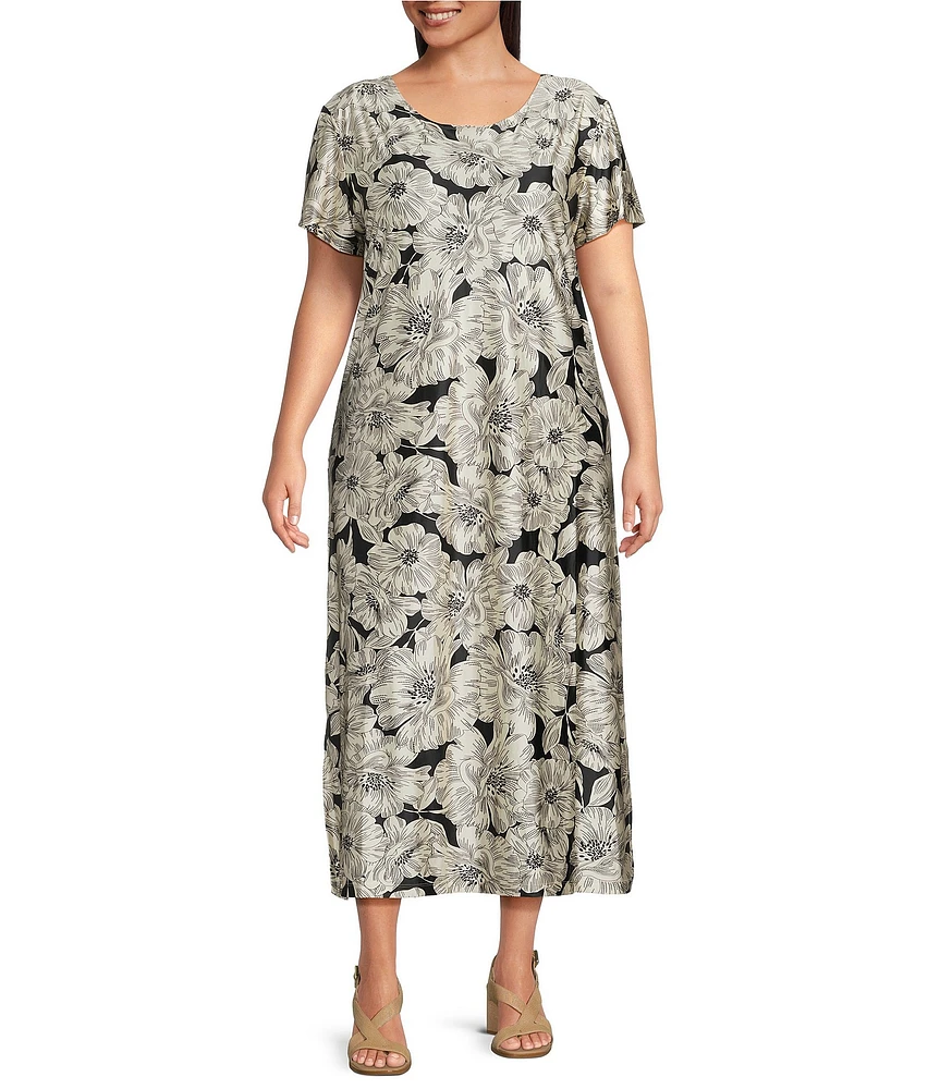 Bryn Walker Plus Wesley Bianchi Fiori Stretch Knit Round Neck Short Sleeve Midi Dress