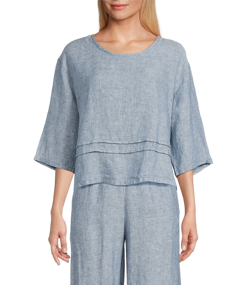 Bryn Walker Rimini Cross-Dyed Linen Round Neck 3/4 Sleeve Pintuck Coordinating Shirt