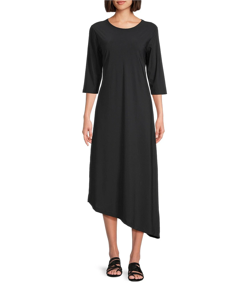 Bryn Walker Sydney Microfiber Jersey Round Neck Elbow Sleeve Asymmetrical Hem Midi Dress