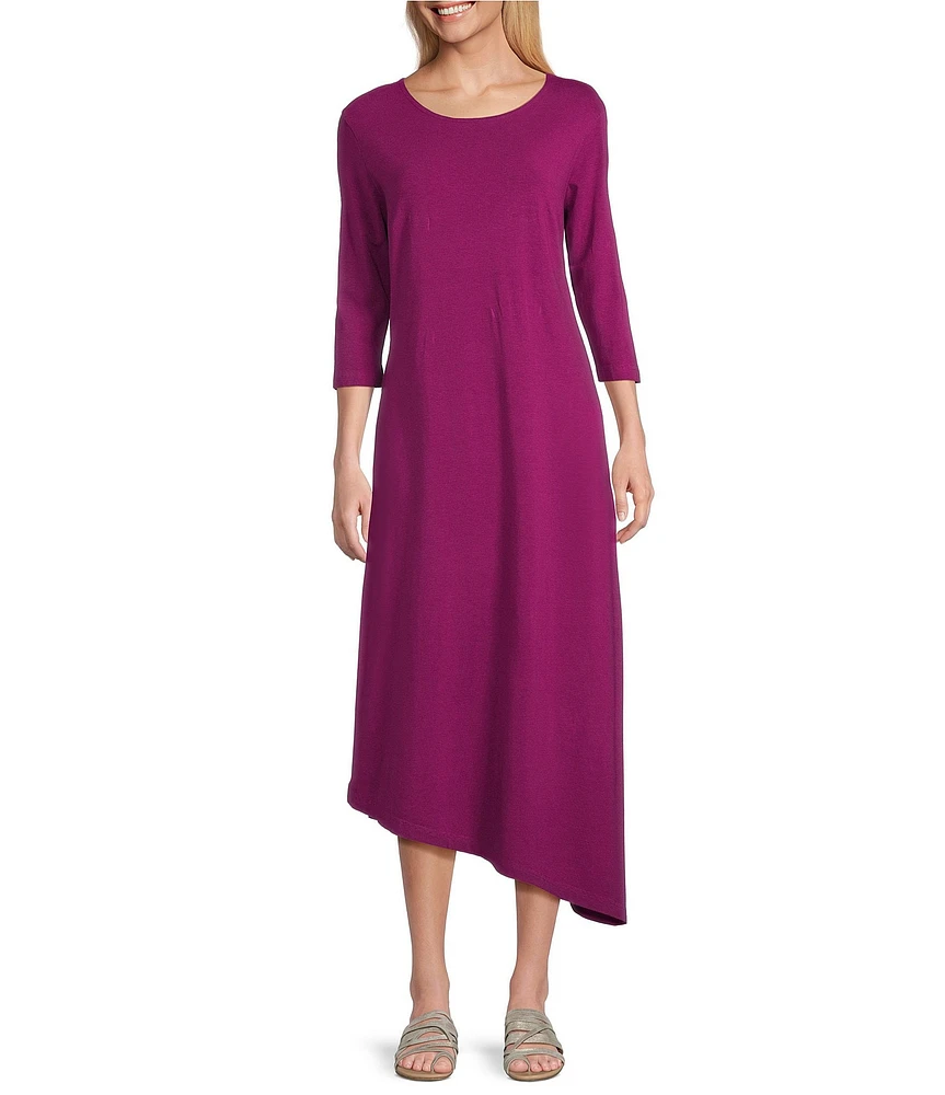 Bryn Walker Sydney Organic Bamboo Cotton Blend Round Neck Elbow Sleeve Asymmetrical Midi Dress