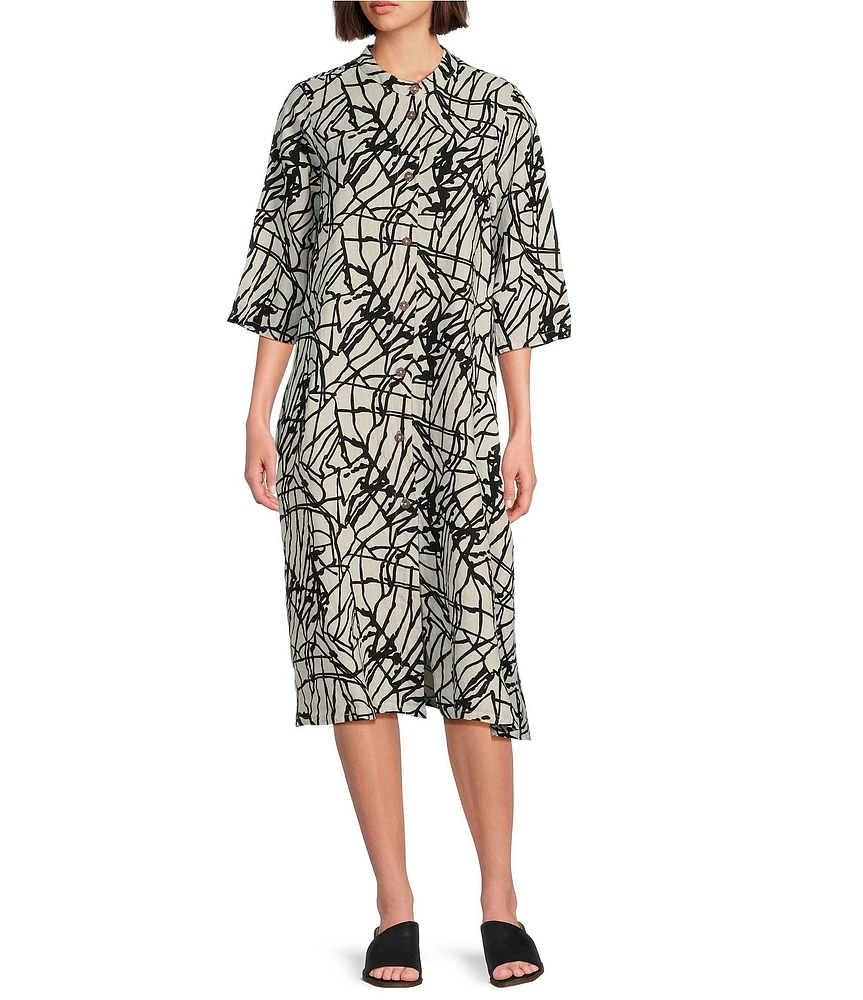 Bryn Walker Winsley Linen Knit Netta Print Mandarin Collar 3/4 Sleeve Midi Dress