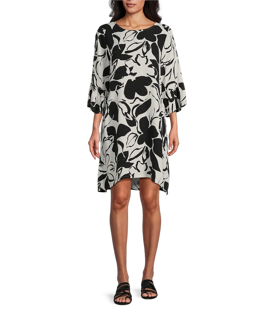 Bryn Walker Woven Phryne Flower Petal Print Round Neck 3/4 Sleeve Shift Dress