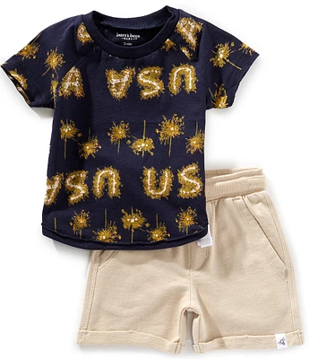 Burt's Bees Baby Boys Short Sleeve USA Watercolor Patriotic Print Tee & Short Set