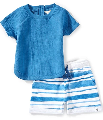 Burt's Bees Baby Boys Raglan-Sleeve Contrast-Pocket T-Shirt & Watercolor-Striped Shorts Set