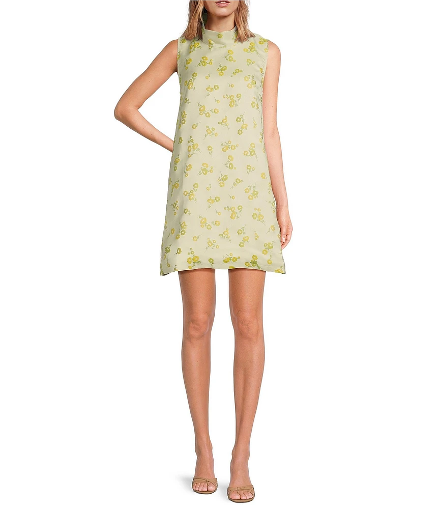 Buru Brocade Floral Mock Neck Sleeveless Shift Dress