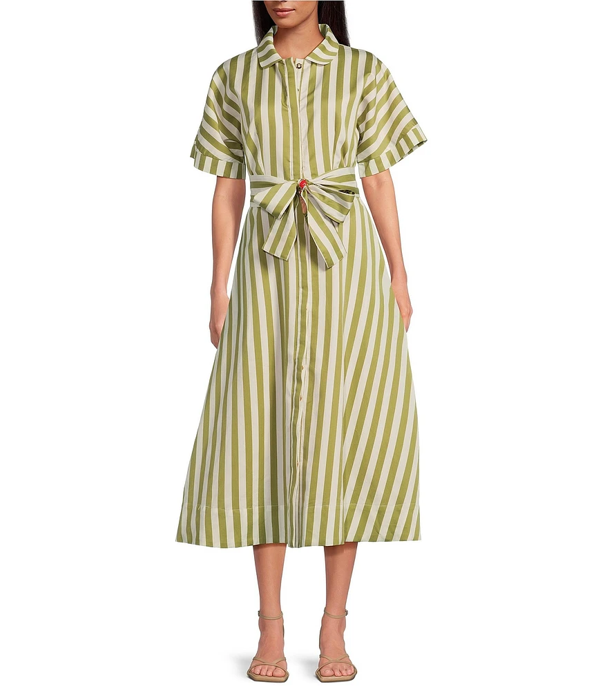 Buru Donna Day Short Sleeve Contrast Bow Detail Stripe Print Shirt Midi Dress