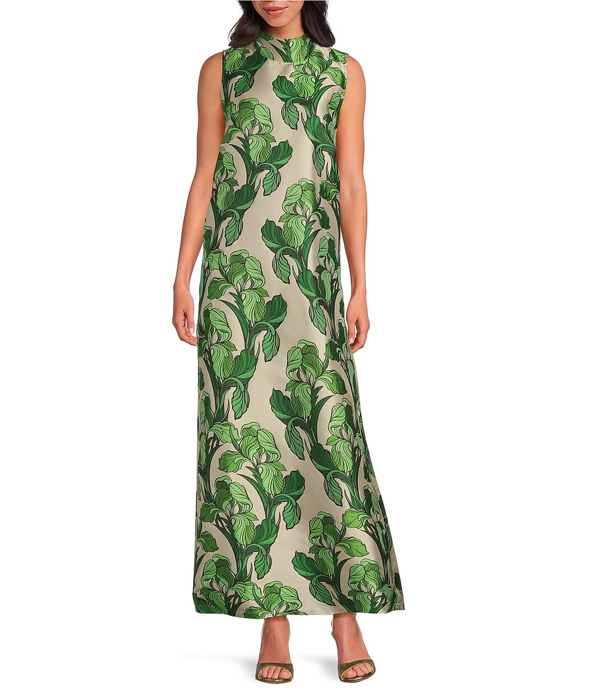 Buru Maxi Mod Printed Brocade Mock Neck Sleeveless Shift Maxi Dress