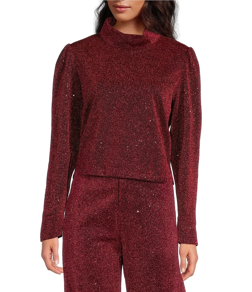Buru Mod Woven Metallic Mock Neck Long Puffed Sleeve Cropped Coordinating Top