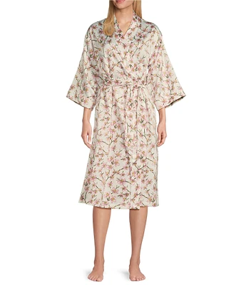 Cabernet Floral Print 3/4 Kimono Sleeve Woven Satin Short Robe