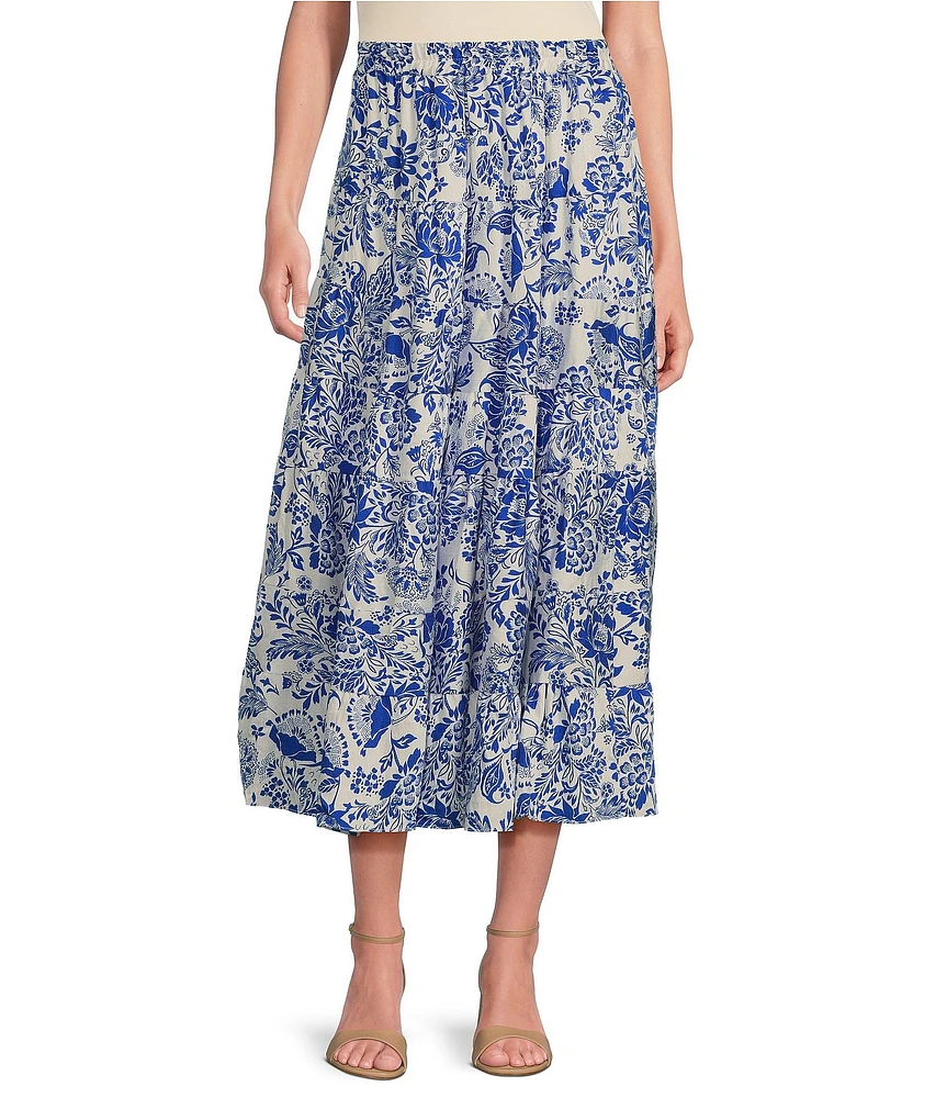 Calessa Antique Floral Print Embroidered Eyelet Hem Tiered Pull-On Skirt