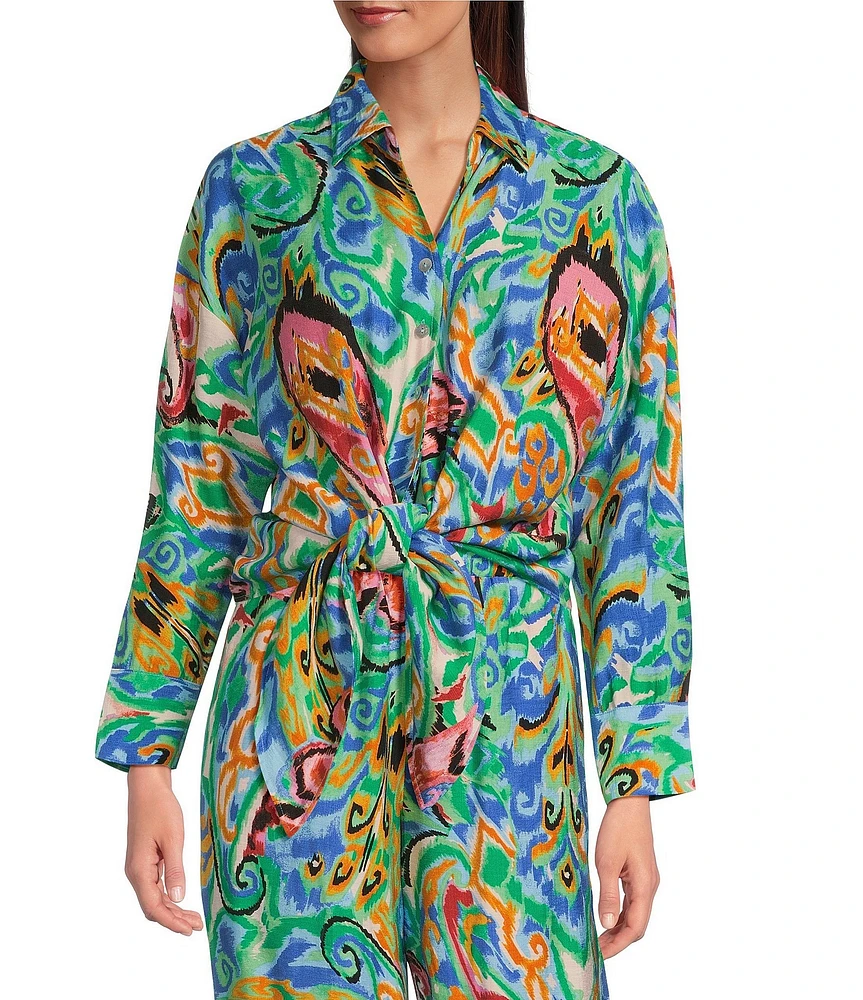 Calessa Coordinating Abstract Mosaic Print Point Collar Long Sleeve Tie-Front Blouse