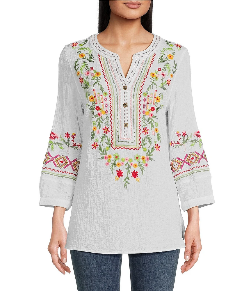 Calessa Embroidered Patchwork Split V-Neck 3/4 Sleeve Tunic