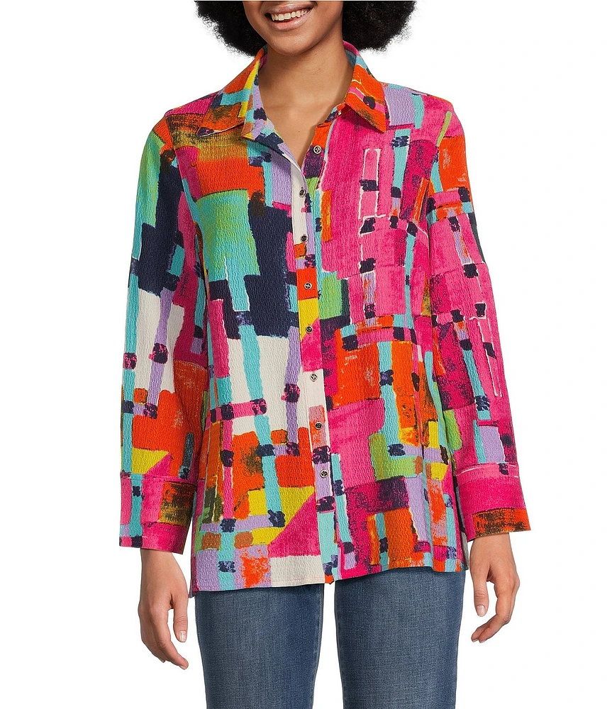 Calessa Textured Crinkle Long Sleeve Button Front Tunic