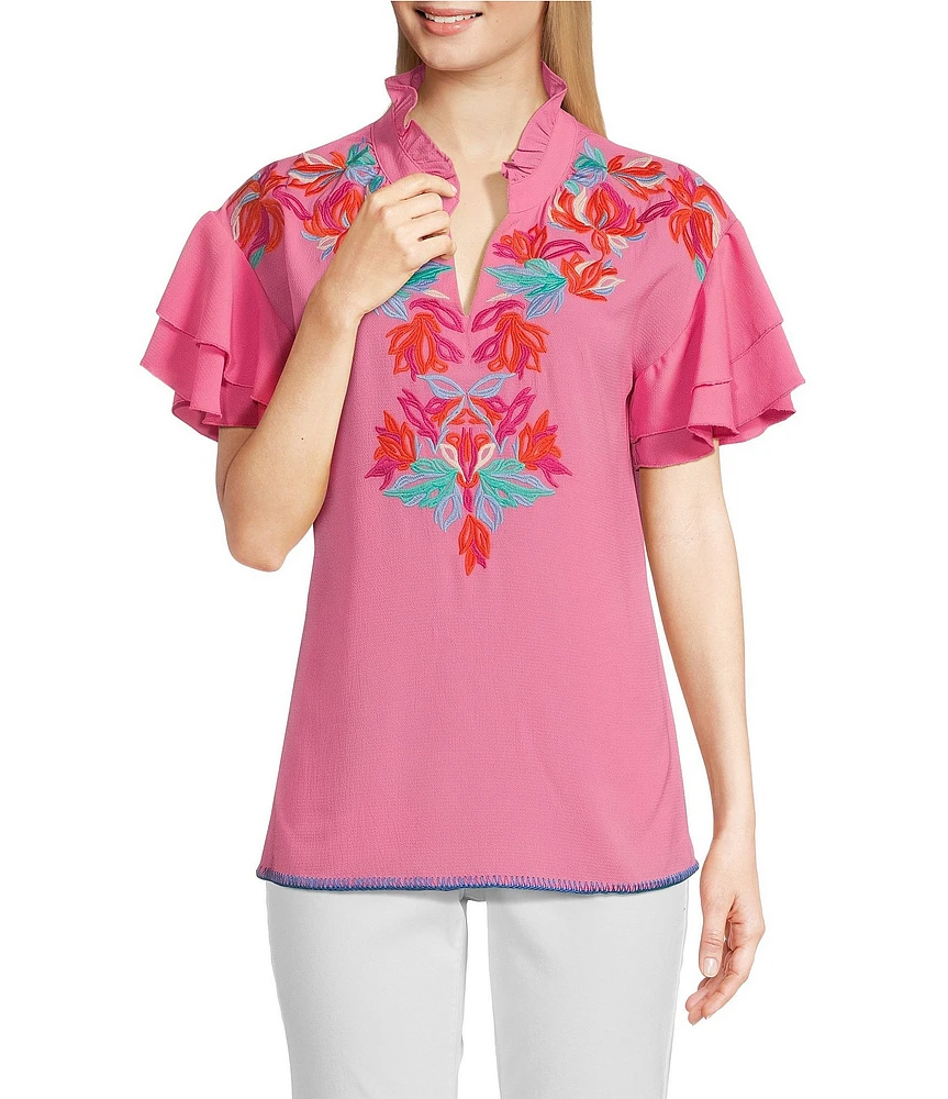 Calessa Embroidered Ruffled V-Neck Cap Sleeve Shirttail Hem Top