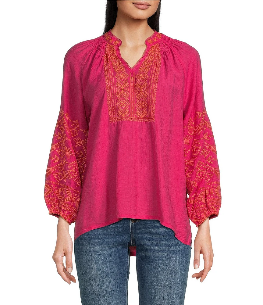 Calessa Embroidered Print Pattern Split V-Neck Long Sleeve Tunic