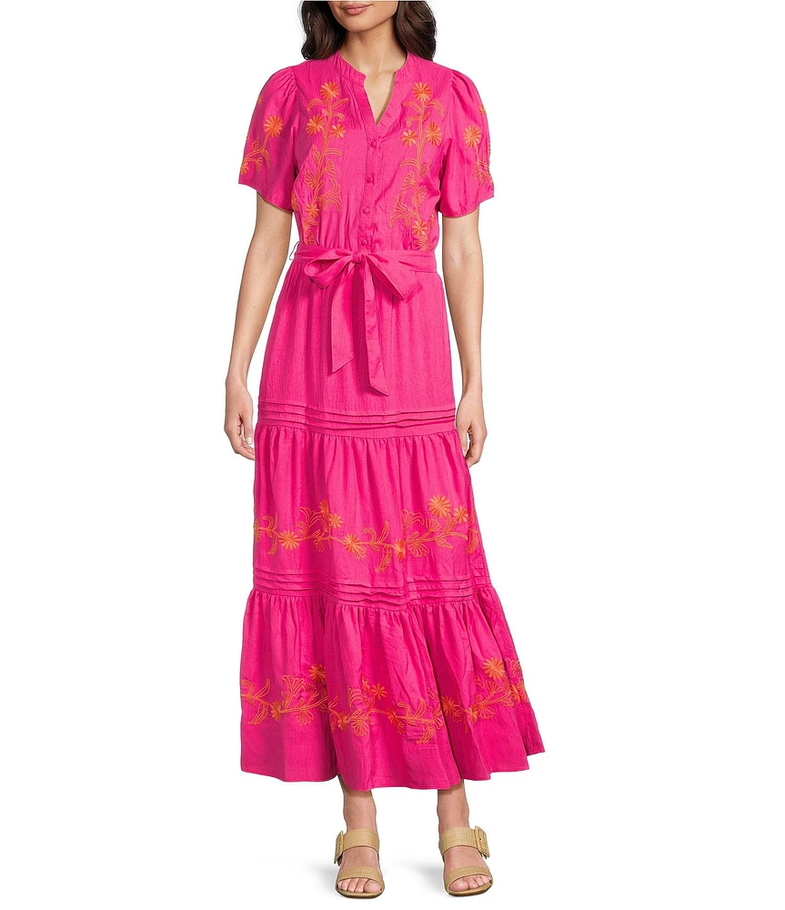Calessa Embroidered Split V-Neck Short Sleeve Belted Maxi Dress