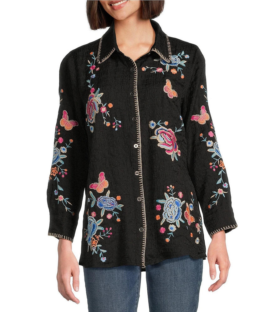 Calessa Floral Embroidered Textured Crinkle Point Collar Long Sleeve Button-Front Shirt