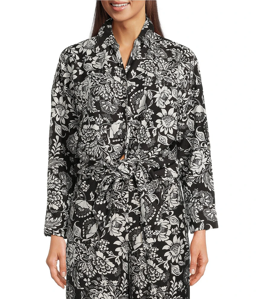 Calessa Coordinating Garden Floral Point Collar Roll Tab Long Sleeve Tie-Front Blouse