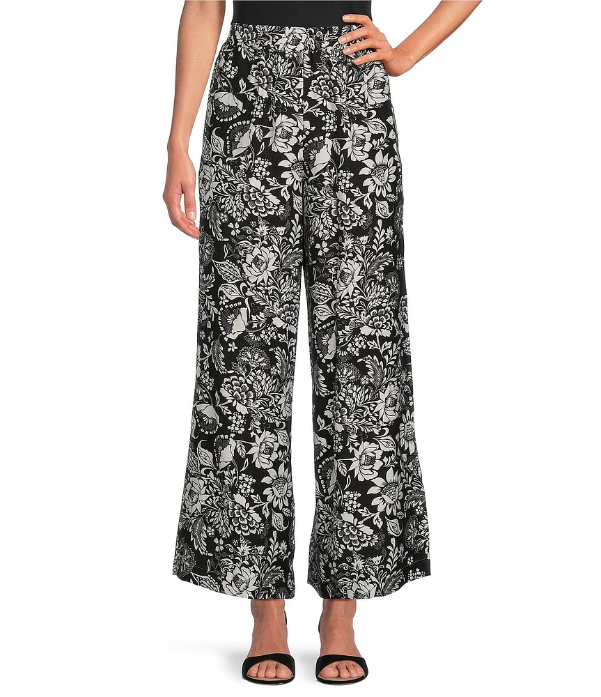 Calessa Garden Floral Print Wide Leg Pull-On Pants