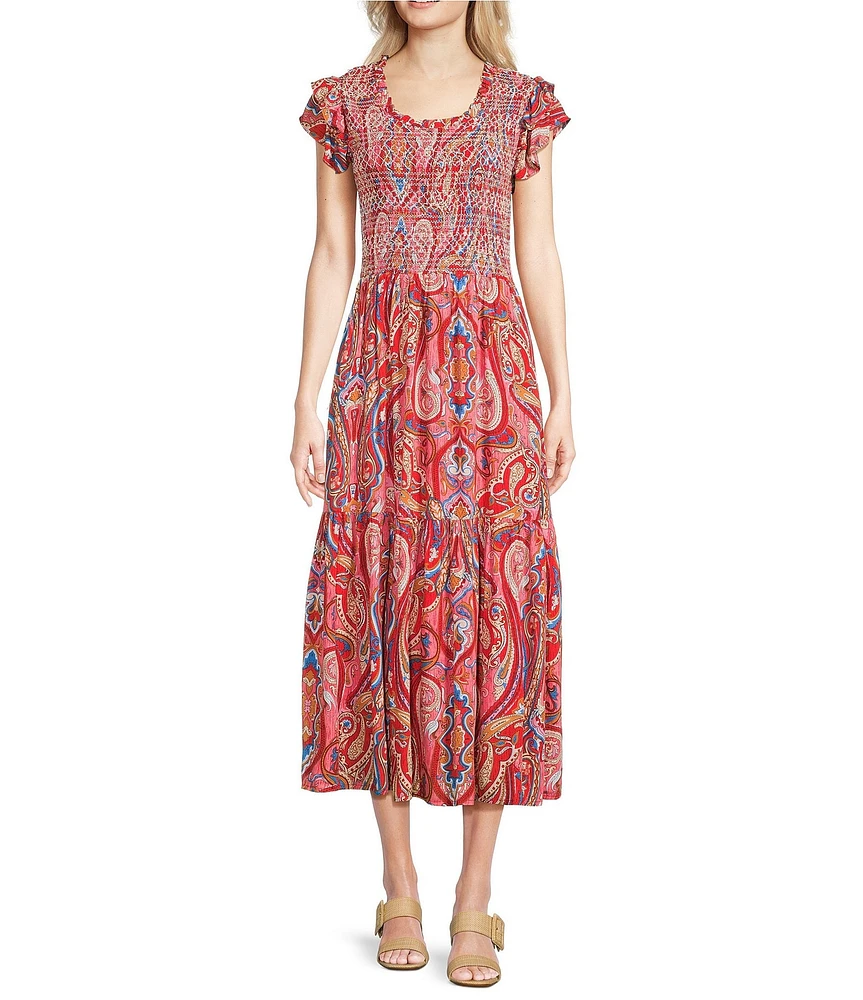 Calessa Paisley Scoop Neck Short Ruffle Sleeve Ruffle Midi Dress