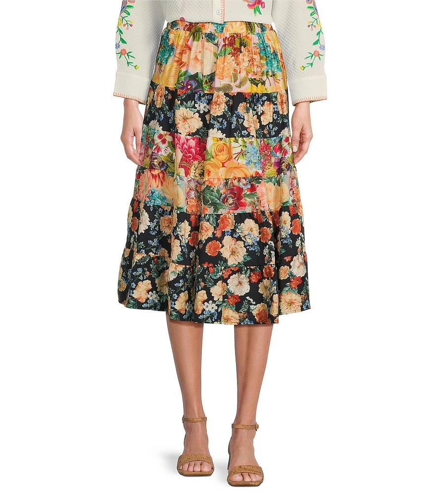 Calessa Patchwork Floral Print Midi Tiered A-Line Pull-On Skirt